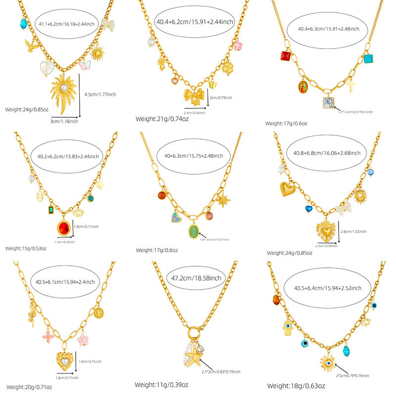 French Vintage Heart Floral Pearl Gemstone Plated Stainless Steel Curb Chain Necklace for Women