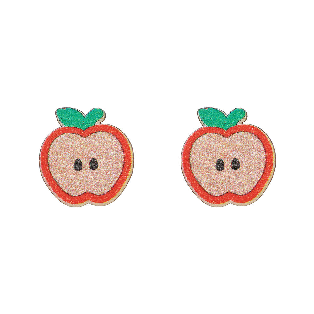 Sweet Cartoon Wood Geometric Apple Carrot Stud Earrings for Kids