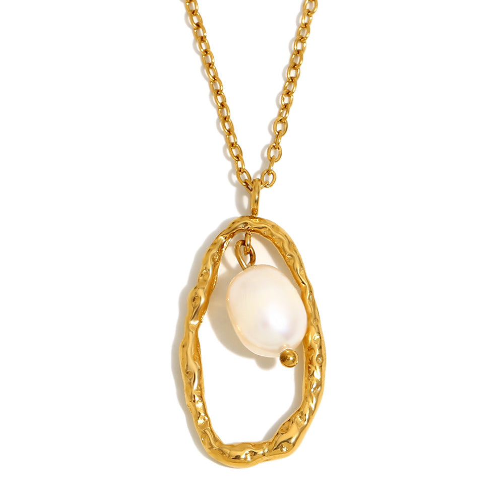 Vintage-Inspired Geometric Pendant Necklace for Women Stainless Steel with 18K Gold Plating and Pearl Accent