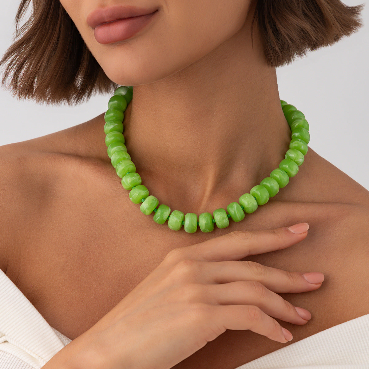 Sweet Geometric Gradient Resin Beaded Necklace Stainless Steel Chain Women's Jewelry