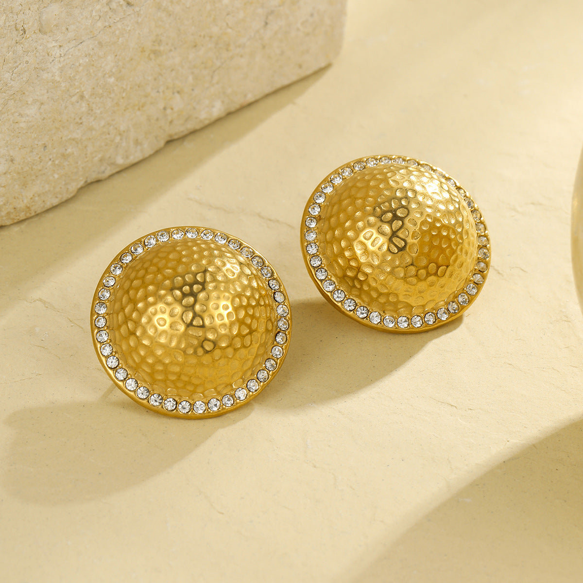 Vintage-Style Geometric Disc Earrings in 18K Gold-Plated Stainless Steel with Rhinestone Inlay for Women