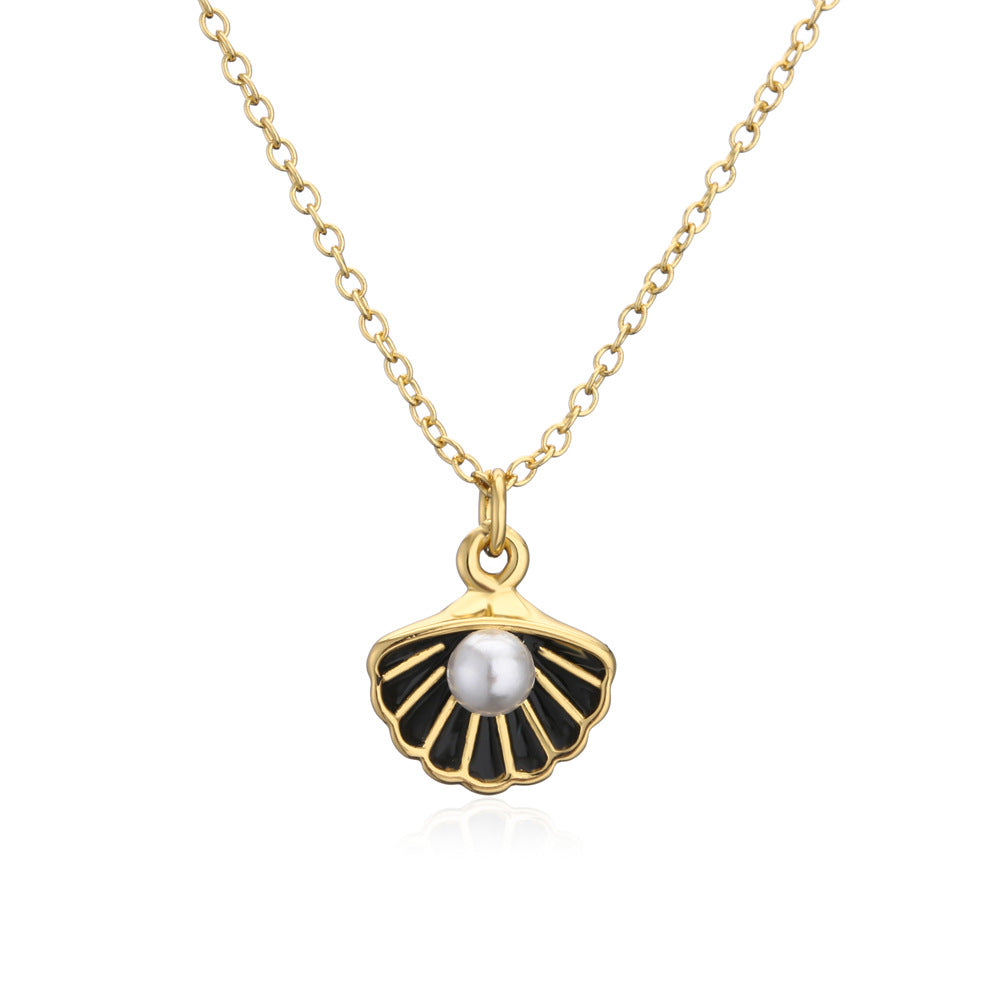 Geometric Drip Oil Gold Plated Brass Pendant Necklace with Pearl