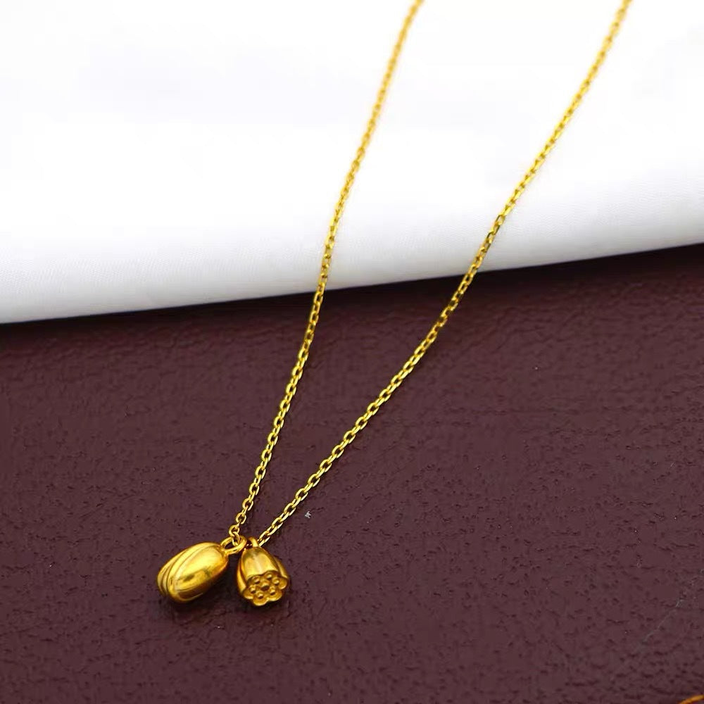 Collana Pendente Minimalista Loto e Radice di Loto in Acciaio al Titanio con Finitura Placcata da Donna