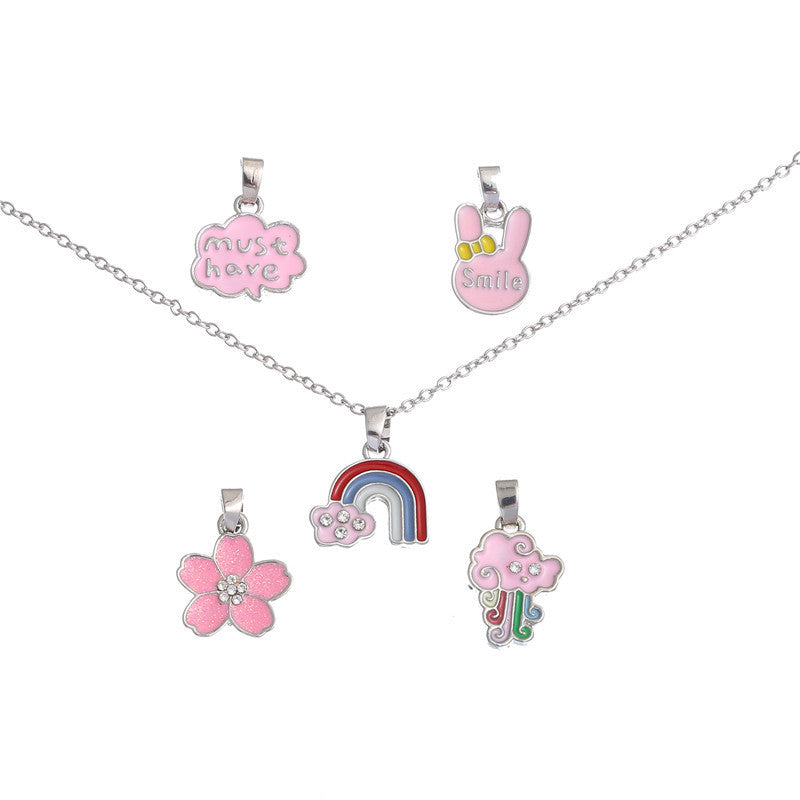 Collana con Ciondolo a Barra in Lega Animale Floreale a Cartone Animato Smaltato con Catena a Maglie per Bambini