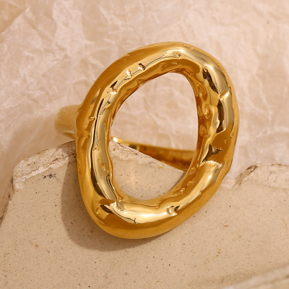 Minimalist Fashion Stainless Steel Ring with Hammered Texture and Irregular Circular Shape Plated in 18K Gold for Women