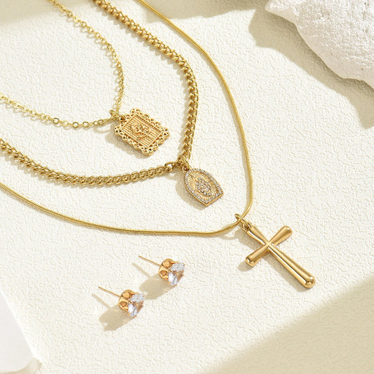 Fashionable Cross Pendant Necklace and Earrings Set for Women with Copper Base and Zircon Inlay