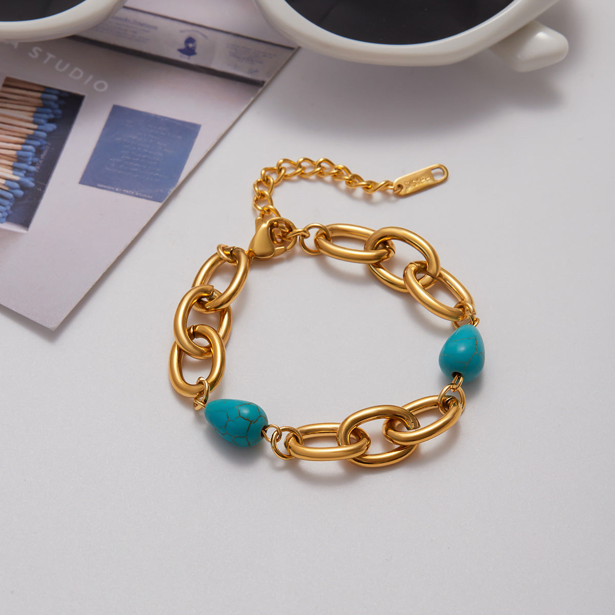 Pulsera geométrica de acero inoxidable chapado para mujer con detalles de turquesa, joyería de lujo minimalista
