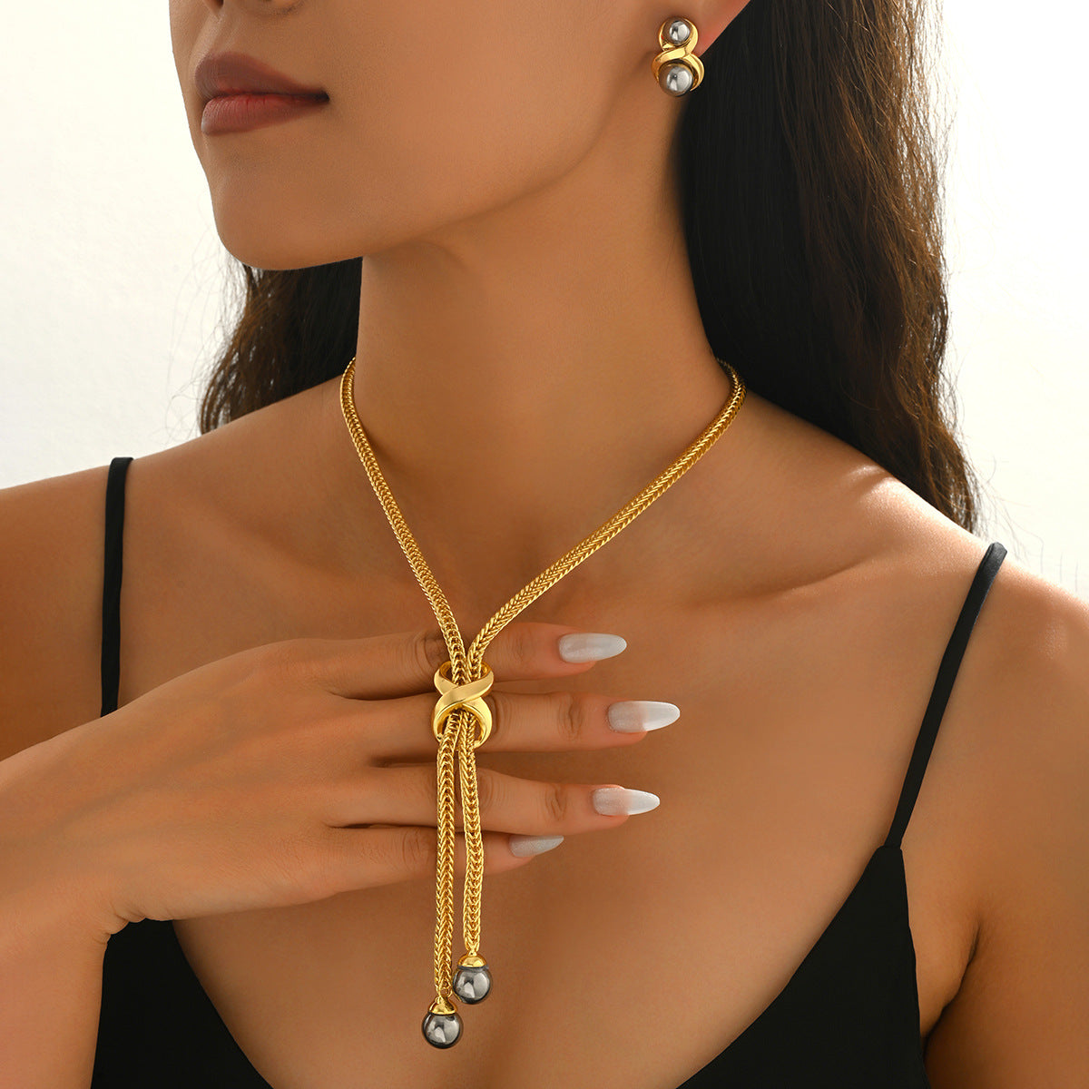 Geometric Pearl-Inlaid Zinc Alloy Necklace and Earrings Set for Women with Circular and Linear Design