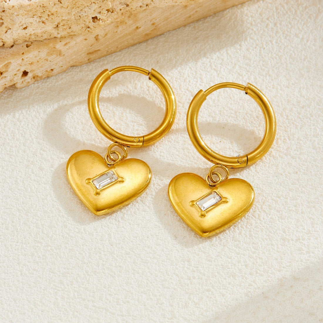 Minimalist Gold Plated Stainless Steel Square Heart Rhinestone Earrings