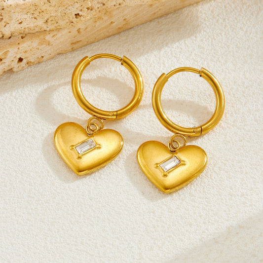 Minimalist Gold Plated Stainless Steel Square Heart Rhinestone Earrings