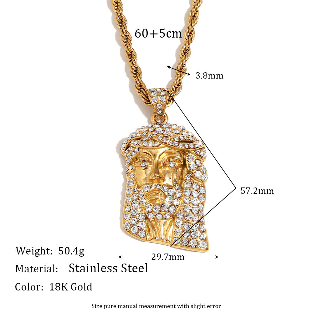 Collana con ciondolo hip-hop streetwear retrò da uomo in acciaio inossidabile placcato oro 18K e strass su tutta la superficie, con catena ritorta