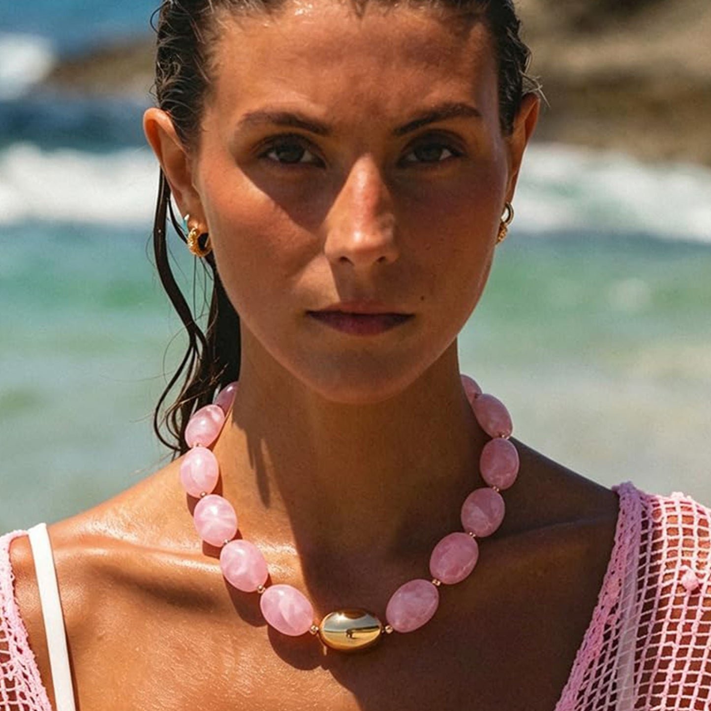 Bohemian Minimalist Geometric Resin Beaded Necklace for Women Casual Cable Chain Choker