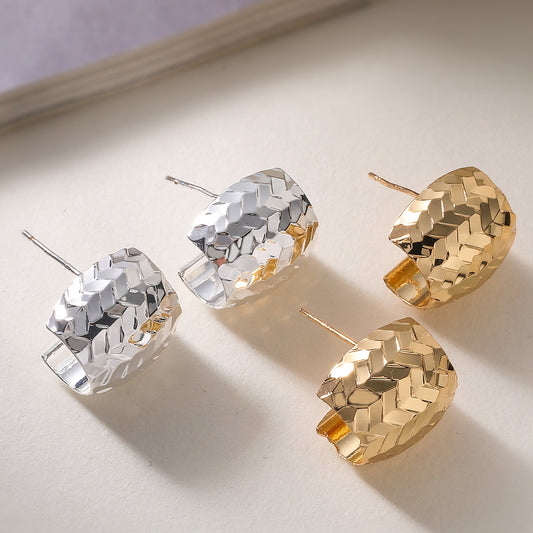 Minimalist 18K Gold Plated Brass Geometric Textured Stud Earrings for Women