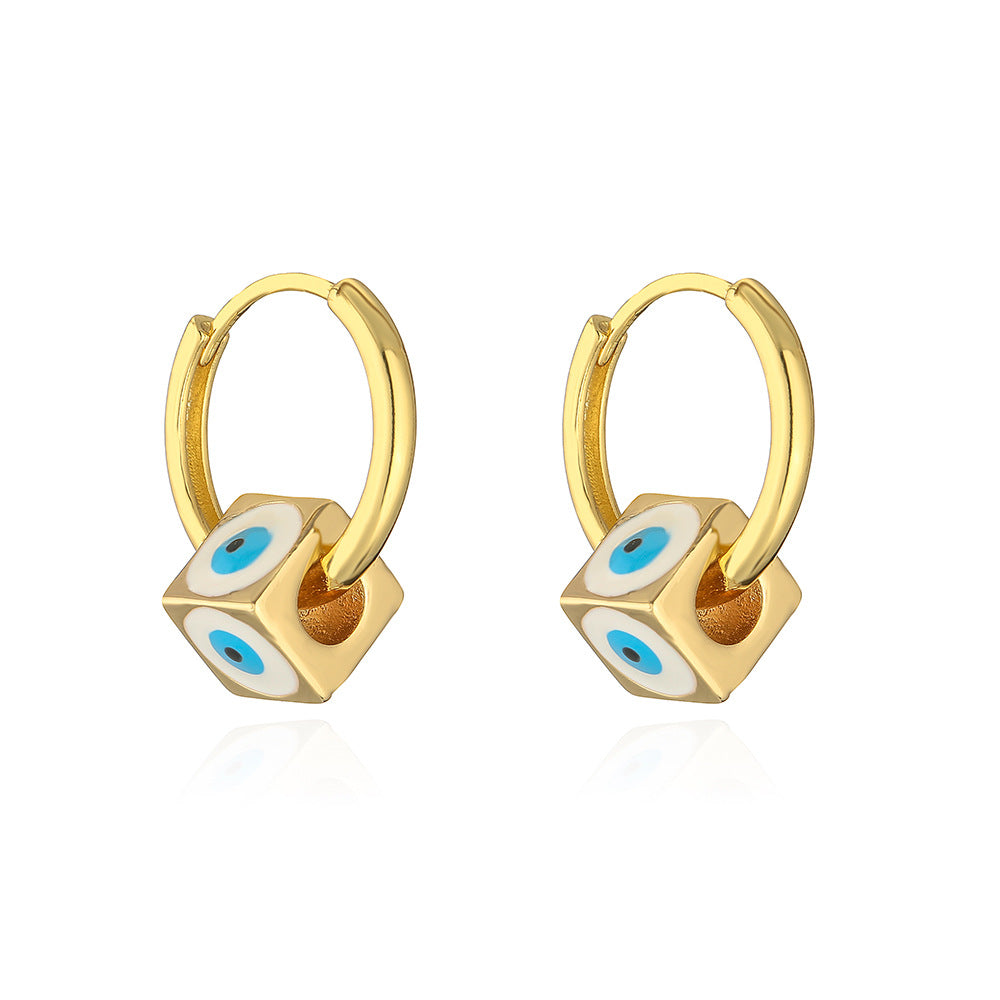 Geometric Square Drop Earrings for Women in Copper with 18K Gold Plating and Enamel Eye Detail
