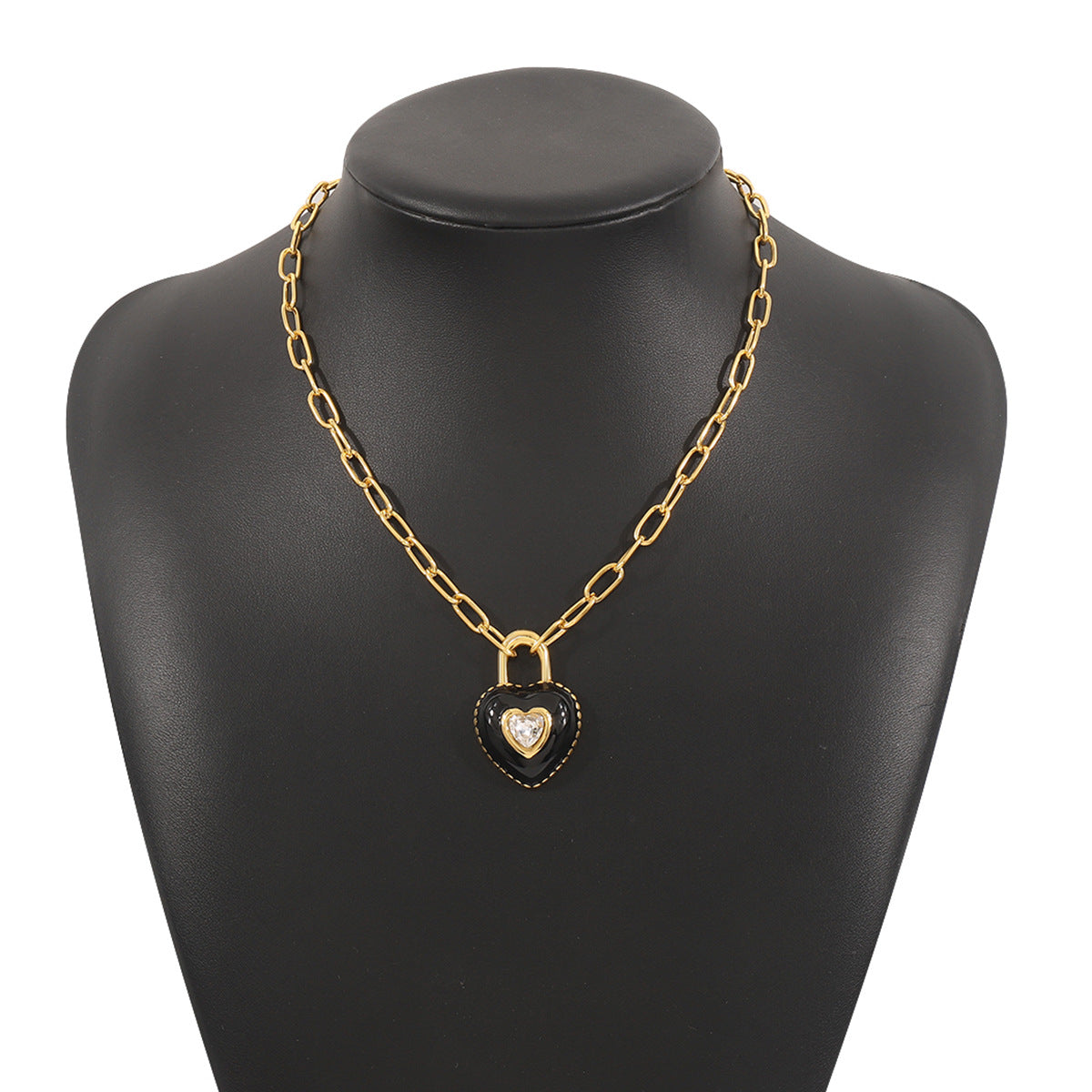 Vintage Black Heart Lock Pendant Necklace with Rhinestone Inlay in Alloy, Geometric Design, Plated Finish