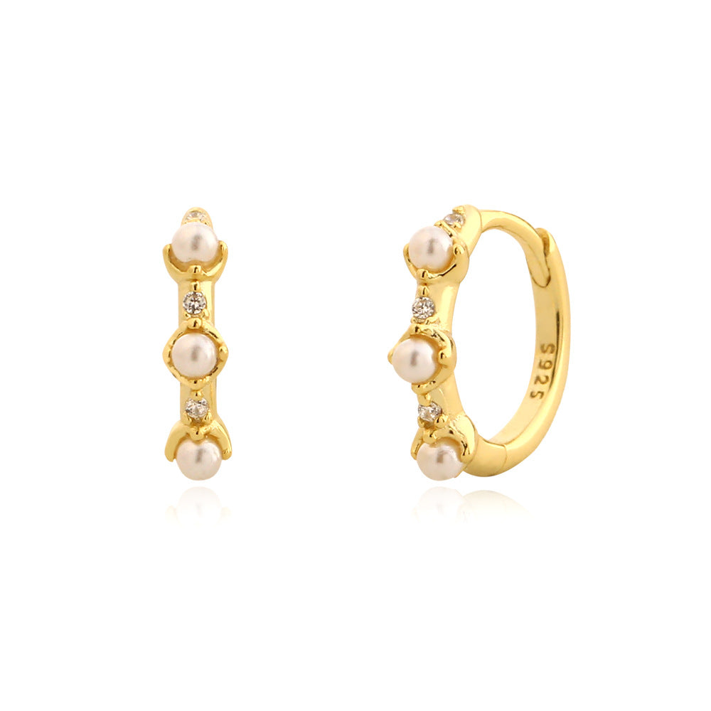 Elegantes pendientes de perlas y diamantes de imitación geométricos de plata de ley 925 con acabado chapado para mujer