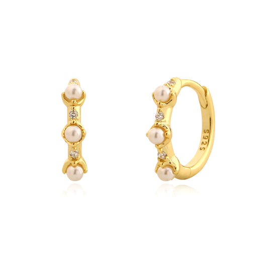 Eleganti orecchini a lobo geometrici con perle e strass in argento sterling 925 con finitura placcata per donna