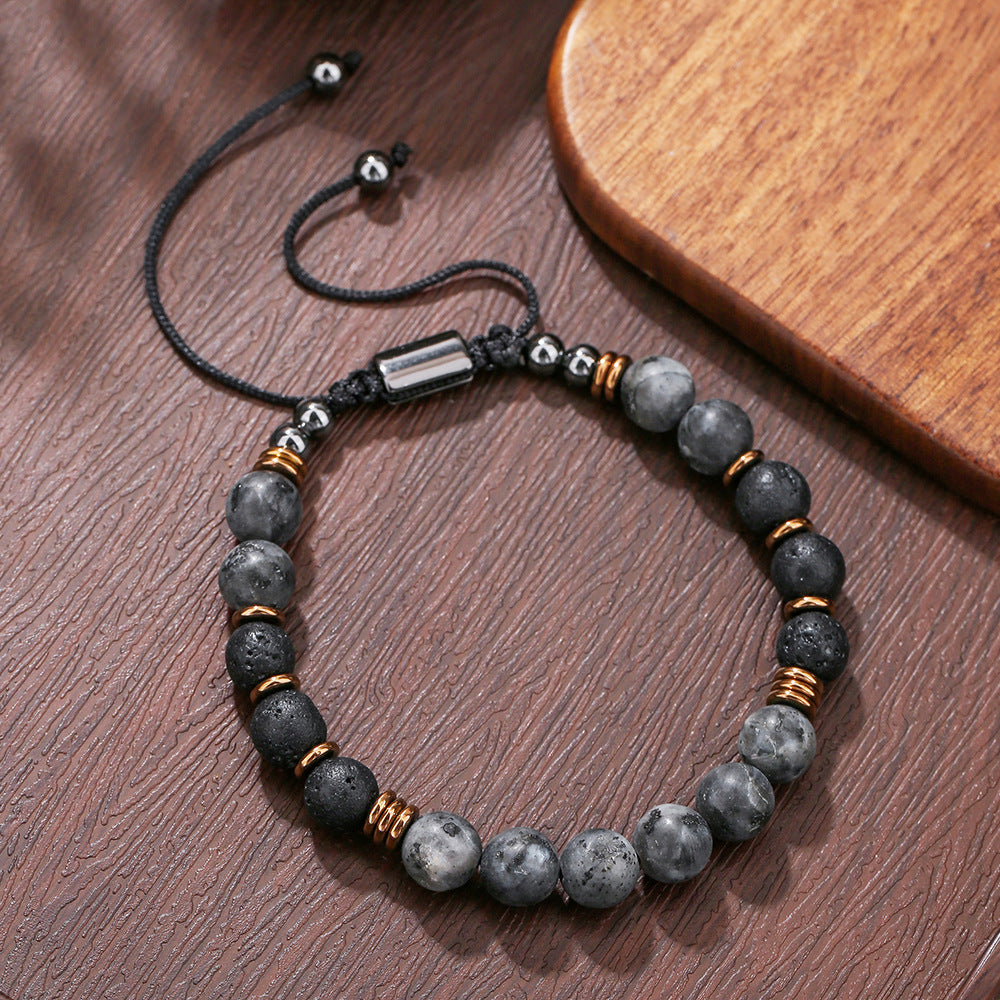 Hip-hop Handmade Geometric Round Volcanic Stone Flash Stone Hematite Beaded Necklace for Unisex with Cable Chain
