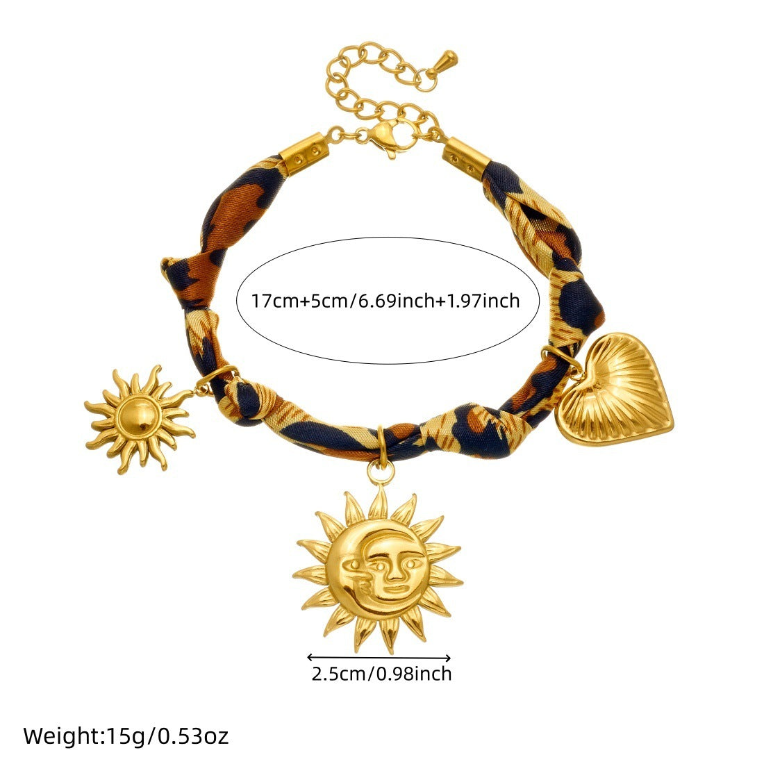 Bohemian Vintage Gold Plated Stainless Steel Leopard Print Heart Pendant Bracelet with Sun Element