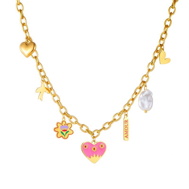 Elegant Cartoon Heart Drip Oil Plated Stainless Steel Necklace with Pearl and Floral Pendant for Women