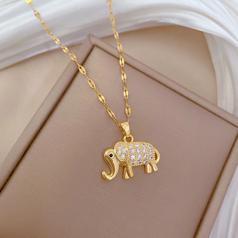 Collar con Colgante de Elefante Minimalista de Acero de Titanio con Incrustaciones de Pedrería para Mujer y Hombre, Cadena de Eslabones Ajustable