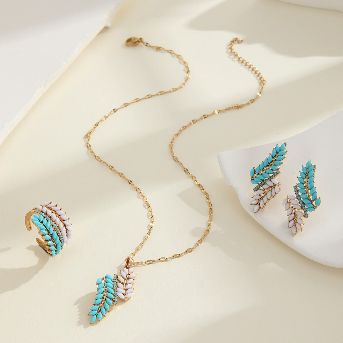 Conjunto de collar, pendientes y pulsera de resina con colgante de espiga de trigo vintage para mujer, a la moda para ir al trabajo