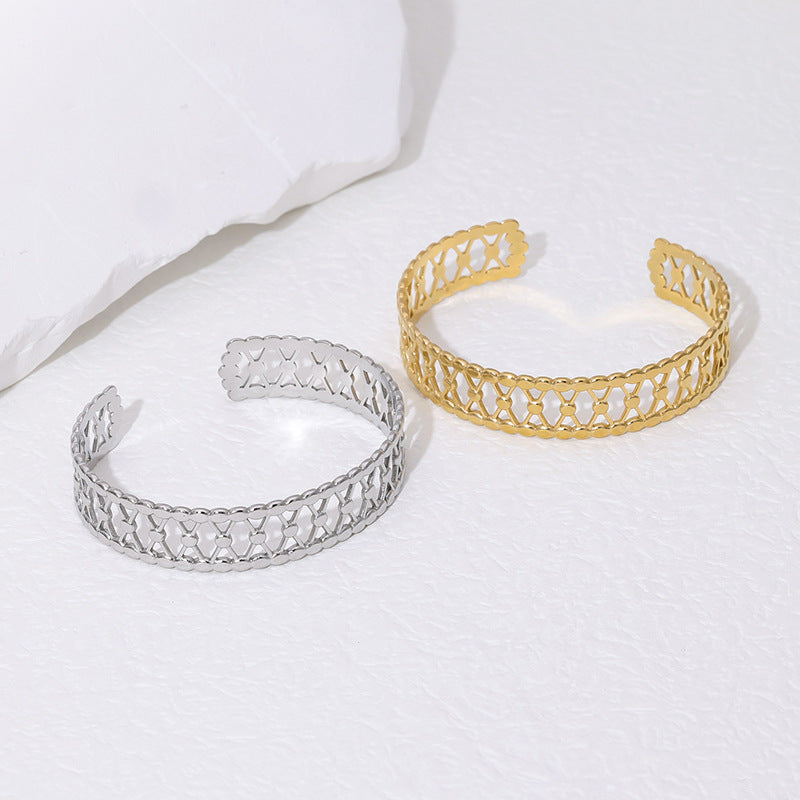 Minimalist French Vintage Titanium Steel Bracelet with 18K Gold Plating and Hollow-Out Design Stainless Steel Bangle