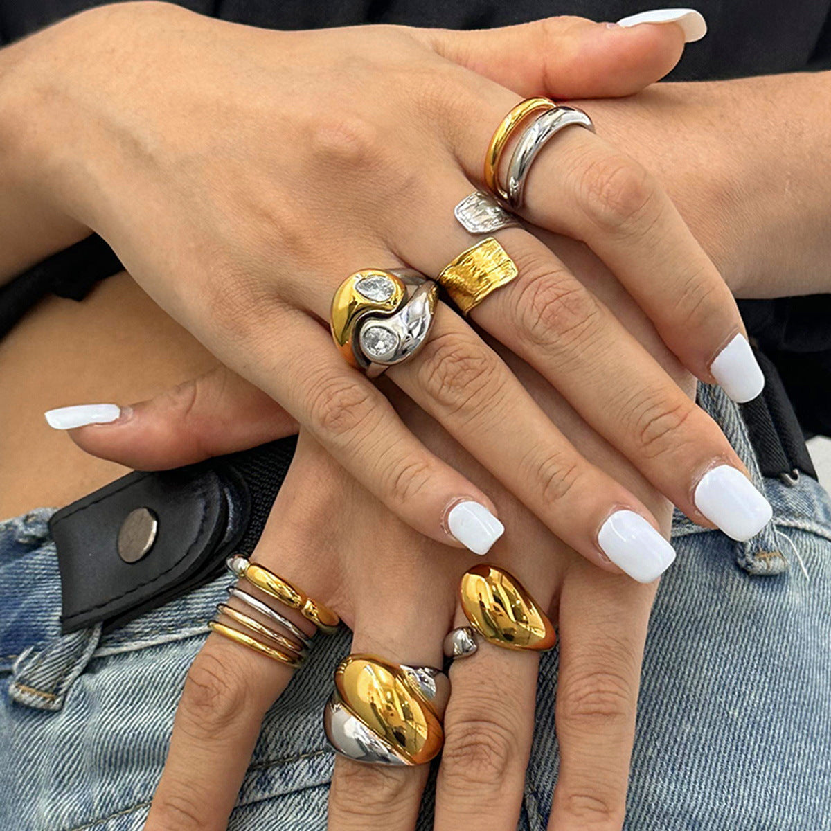 Fashion-Forward Geometric Stainless Steel Ring with Plated Finish for Women