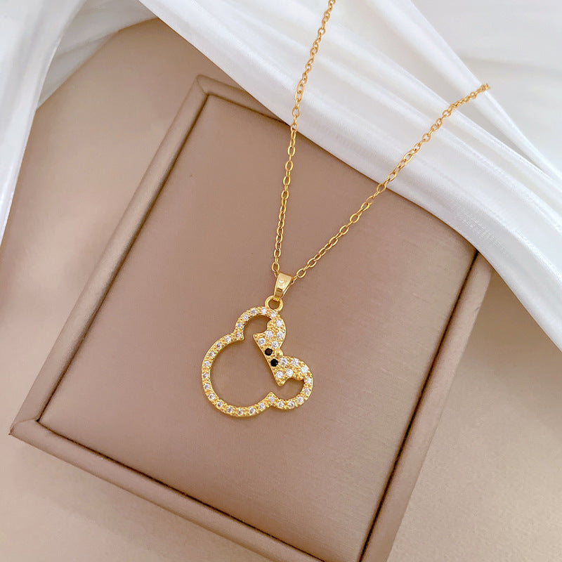Elegante collana pendente con fiocco e gatto per donna, con strass su catena in acciaio al titanio, design geometrico minimalista