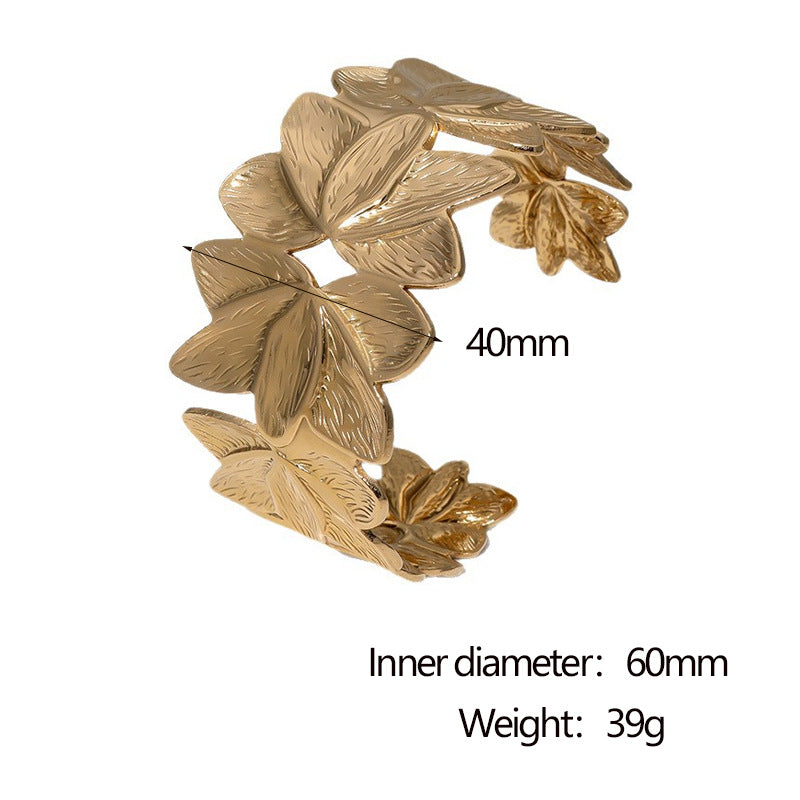 Minimalist 18K Gold Plated Stainless Steel Petal Open Cuff Bracelet for Women Adjustable