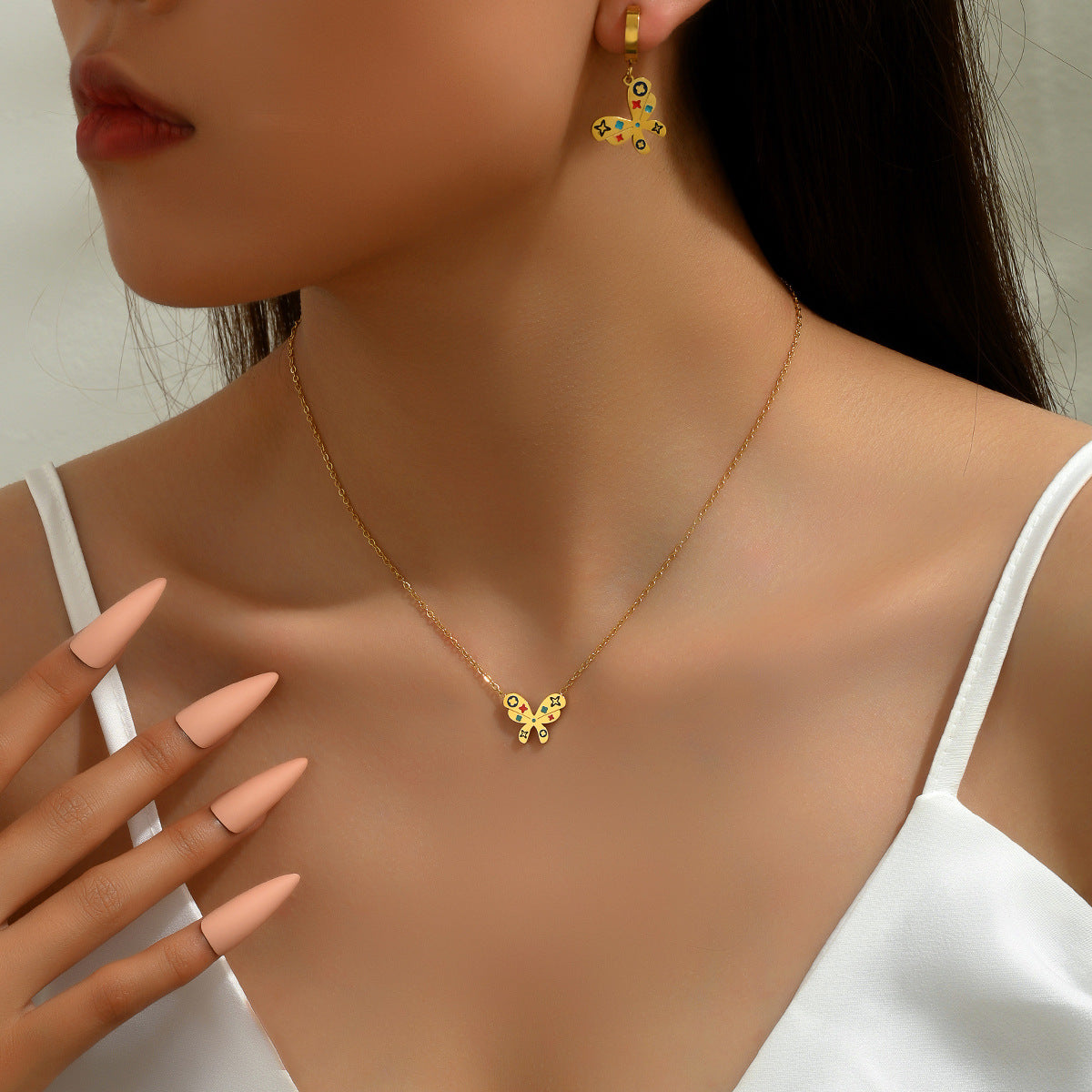 Minimalist Butterfly Knot Pendant Necklace and Earrings Set in Copper with Enamel Finish for Women