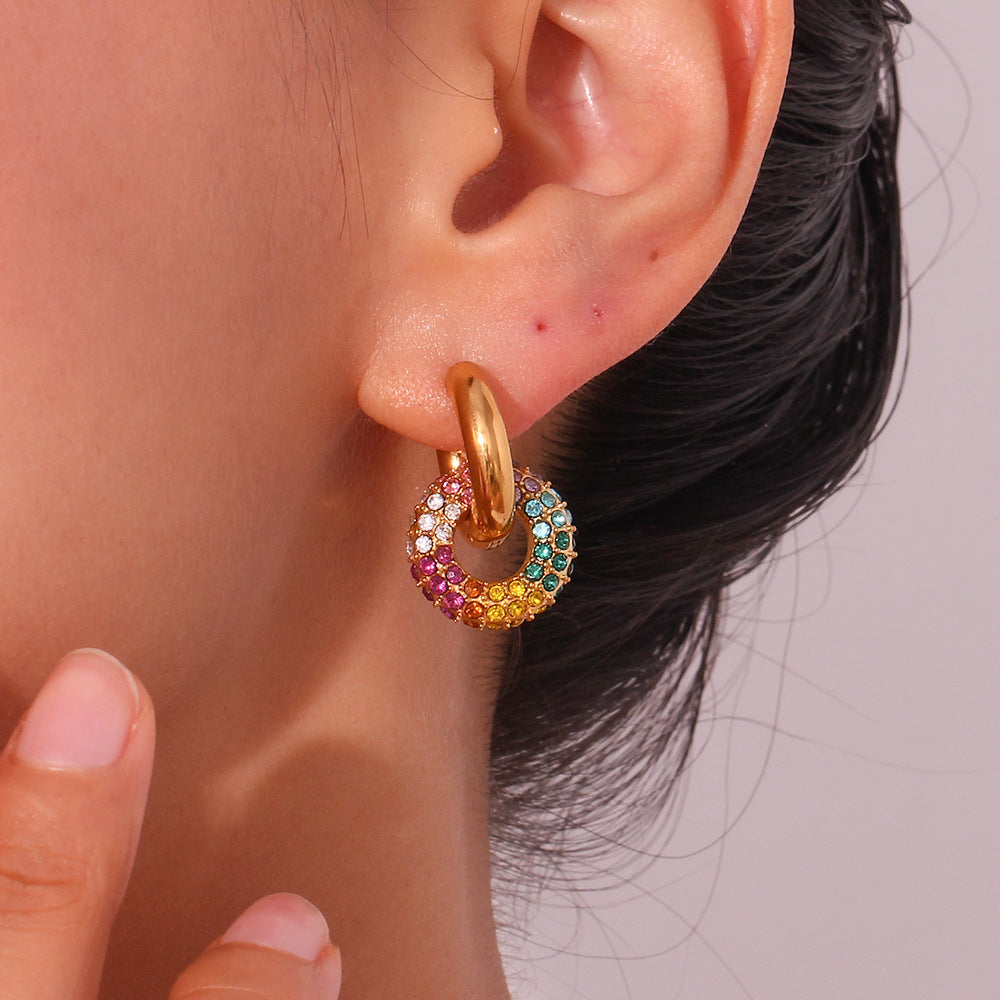 Minimalist Geometric Stainless Steel Earrings with 18K Gold Plating and Micro-Paved Colored Zirconia Hoops for Women
