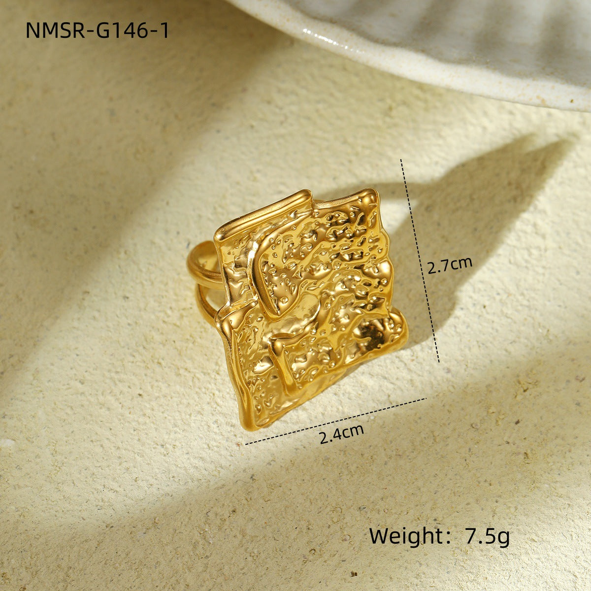 Anillo de acero inoxidable irregular arrugado con acabado chapado de estilo retro francés para mujer