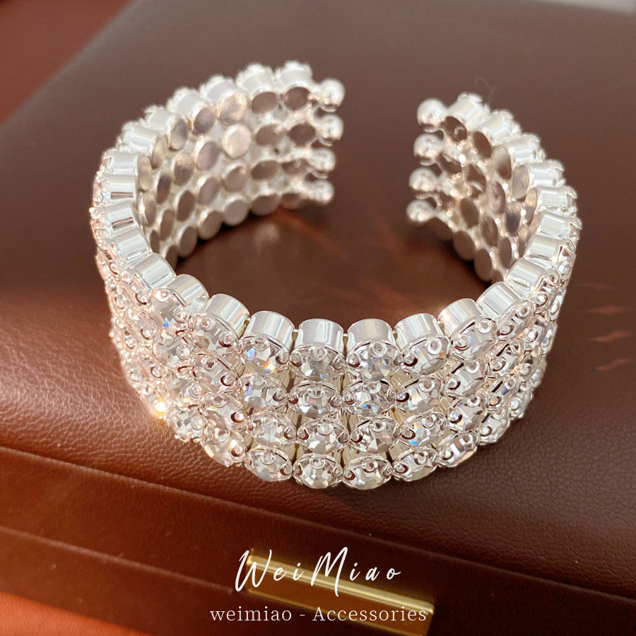 Luxury Elegant Round Rhinestone Inlaid Iron Open Cuff Bracelet for Women