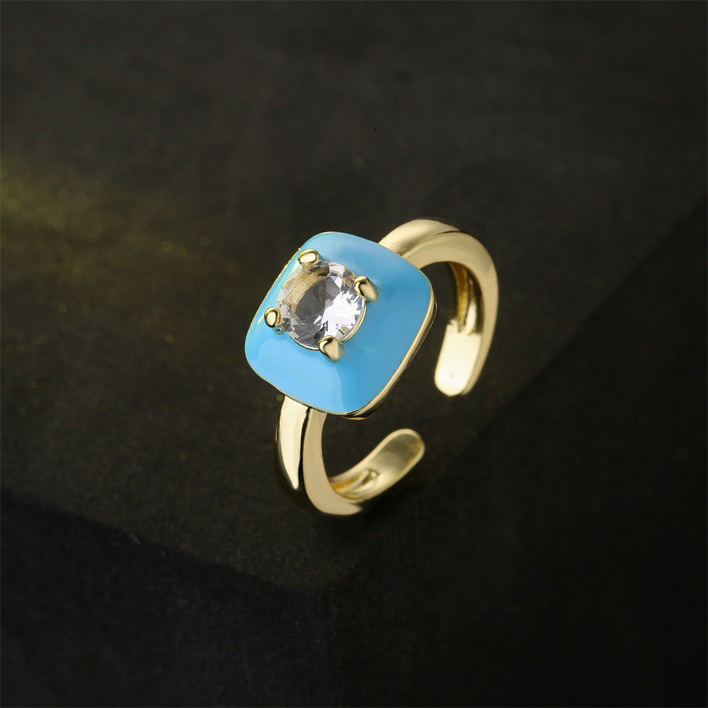 Gold Plated Brass Square Ring with Cubic Zirconia Inlay and Drip Oil Detail for Women
