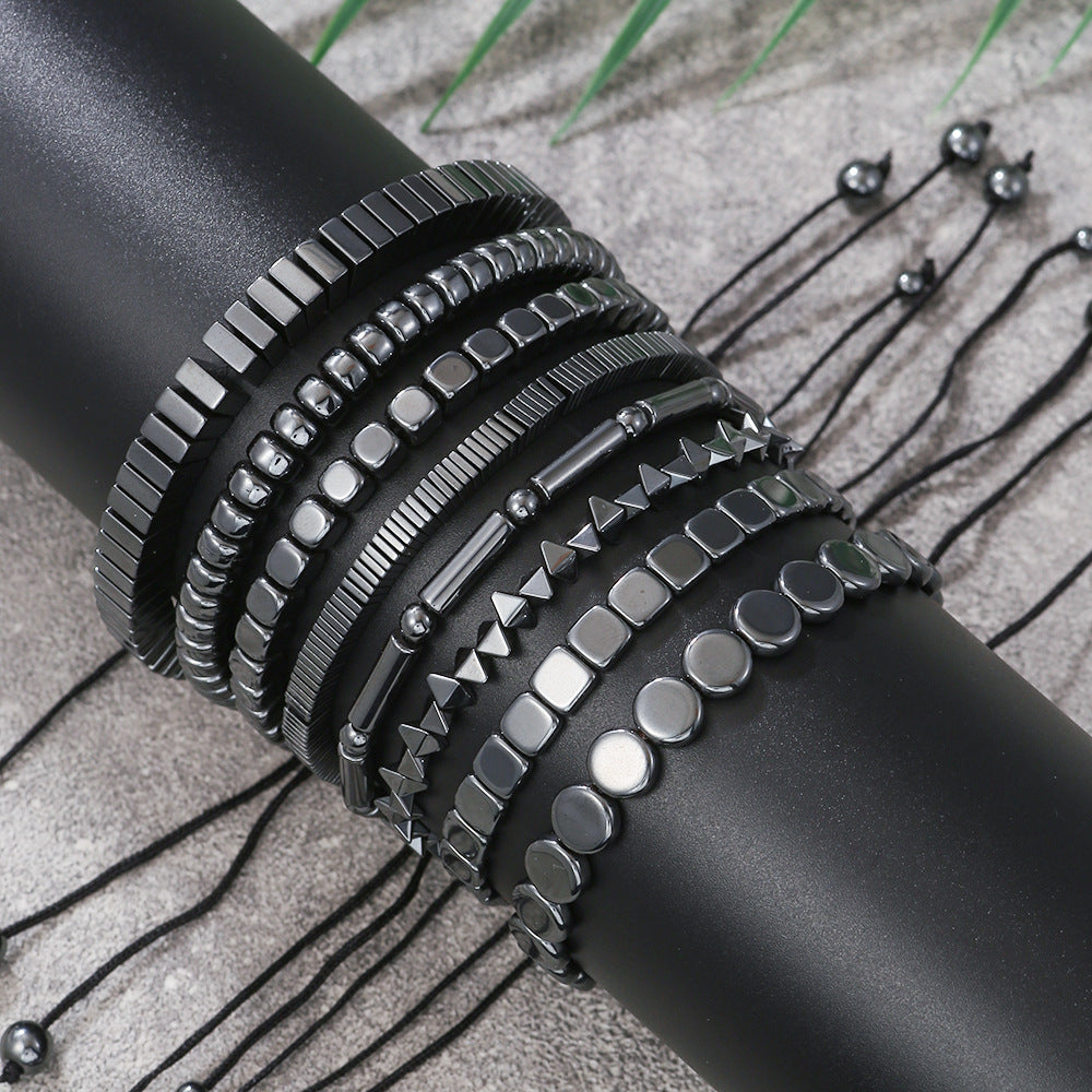 Geometric Handmade Hematite Beaded Bracelet with Adjustable Design for Men and Women