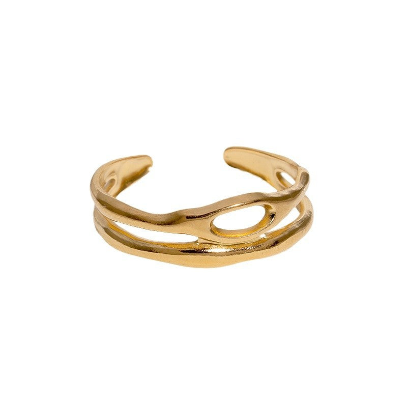 Anello da donna in acciaio inossidabile placcato oro, a doppio strato, geometrico e cavo, stile minimalista