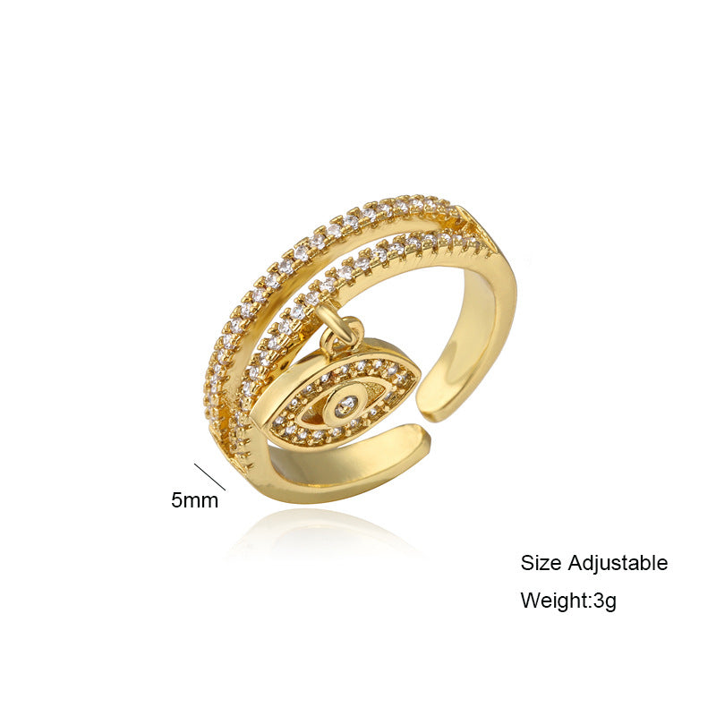 Minimalist Gold Geometric Micro-inlay Cubic Zirconia Evil Eye Ring Adjustable Open Ring for Women