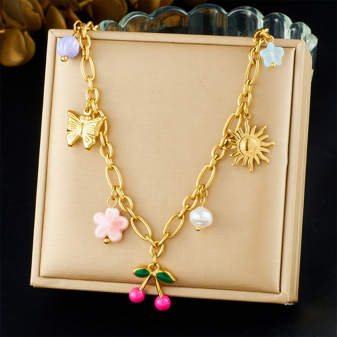 Vintage Sweet Floral Butterfly Drip Oil Gold Plated Stainless Steel Necklace with Pearl and Cherry Pendant
