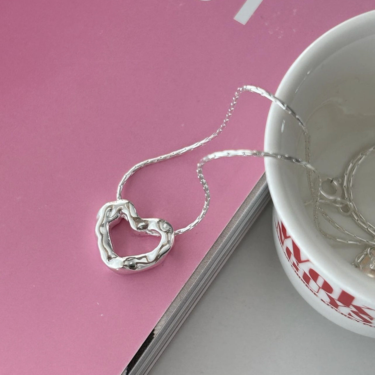 Minimalist Heart Letter Pendant Necklace in 925 Sterling Silver with Rhodium Plating on Snake Chain