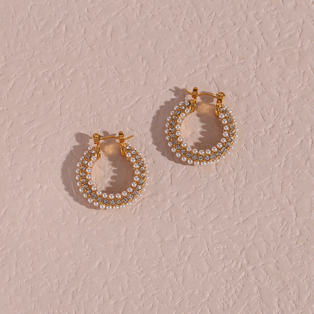 Minimalist Luxe Stainless Steel Plated 18K Gold Hoop Earrings with Zircon and Pearl Inlay for Women