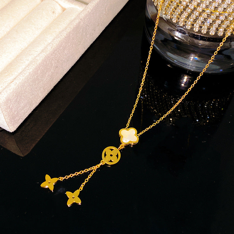 Minimalist Sweet Heart Floral Polished Gold Plated Titanium Steel Necklace with Tassel and White Shell