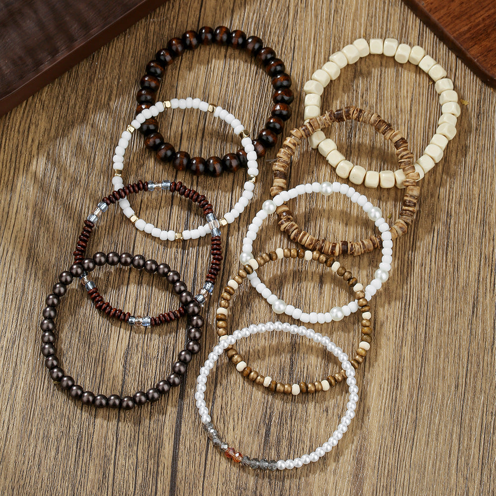 Bohemian Round Wood Bead Bracelet with Imitation Pearl and Crystal Inlay for Unisex
