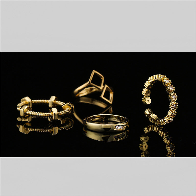 Geometric Brass Micro-set Ring with 18K Gold Plated Finish for Women