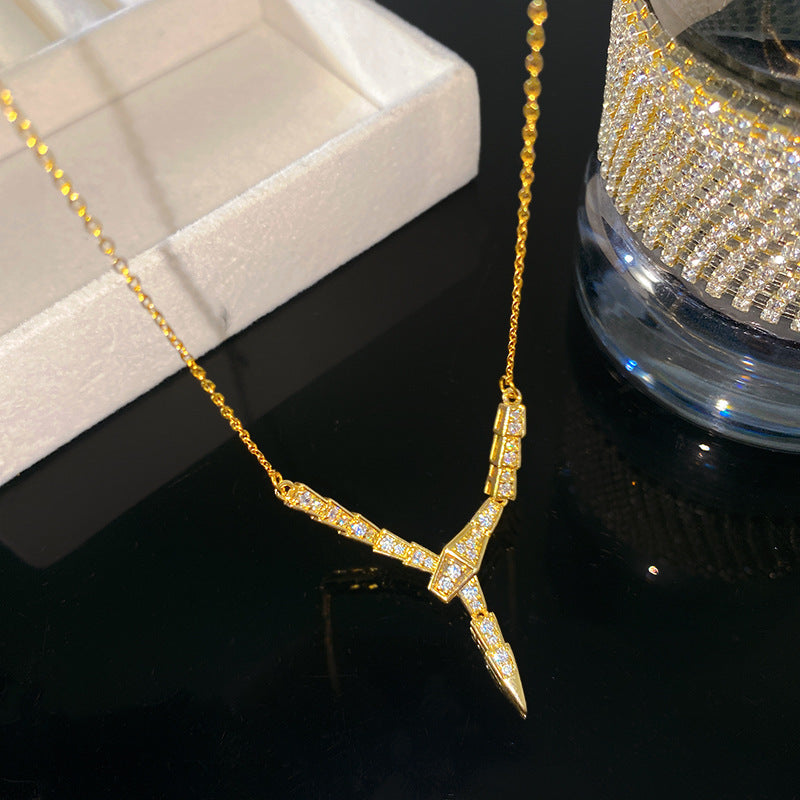 Vintage Minimalist Geometric Titanium Steel Plated Snake Chain Necklace with Cubic Zirconia