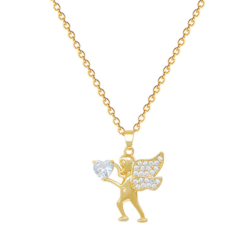 Sweet Minimalist Heart Geometric Cartoon Rhinestone Pendant Titanium Steel Necklace for Unisex