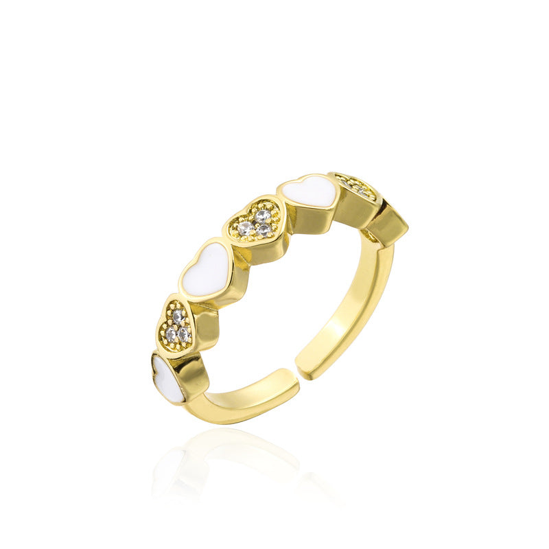 Drip Oil Heart Shaped Brass Ring with Micro-Inlaid Cubic Zirconia for Women