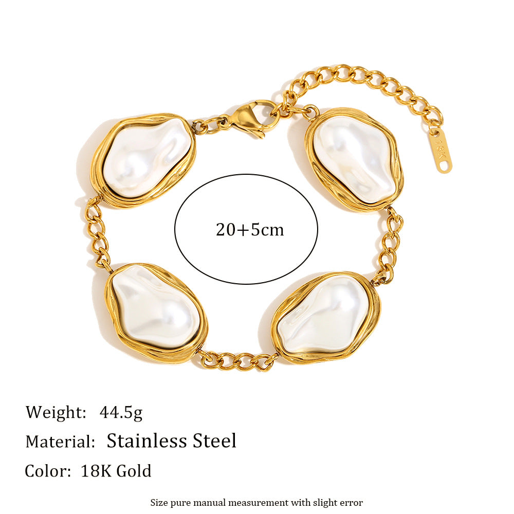 Fashionable Baroque Pearl Bracelet for Women in Stainless Steel with 18K Gold Plating, Geometric Ring Design