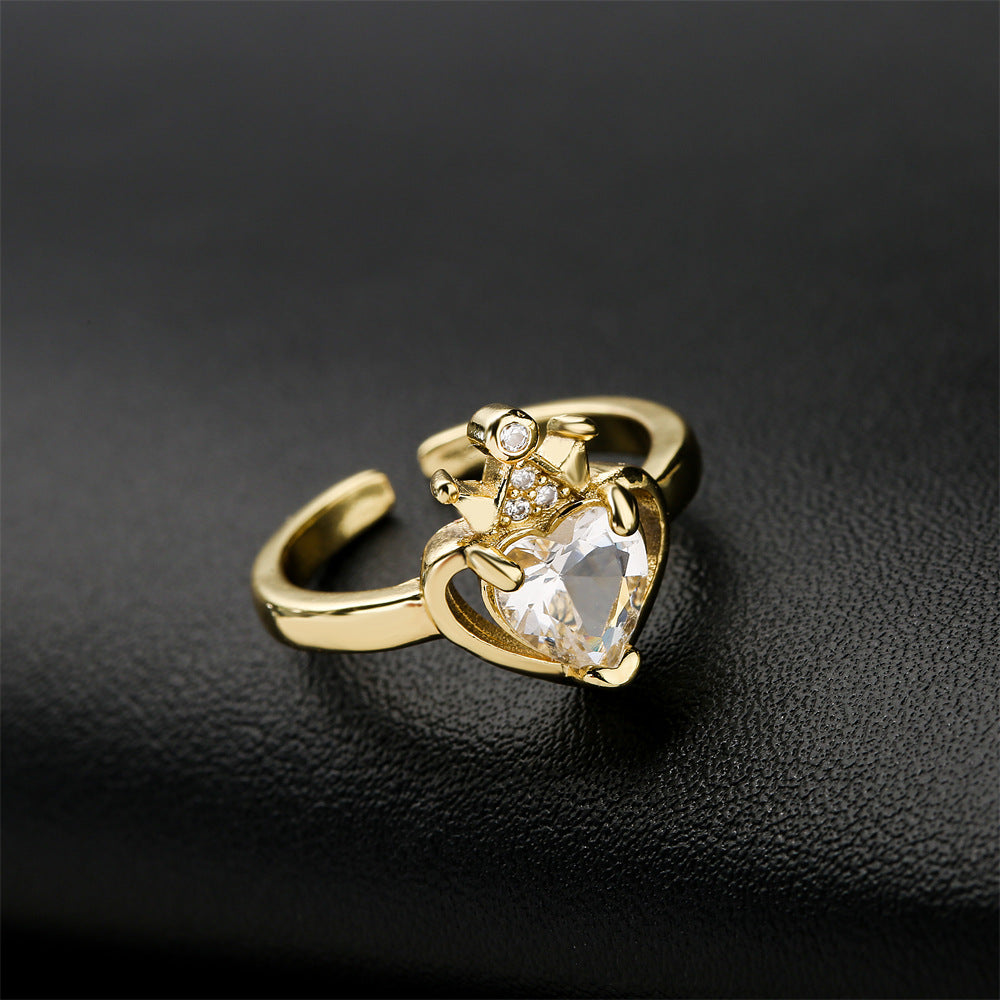 Gold Plated Brass Geometric Heart Micro-inlay Cubic Zirconia Ring for Women