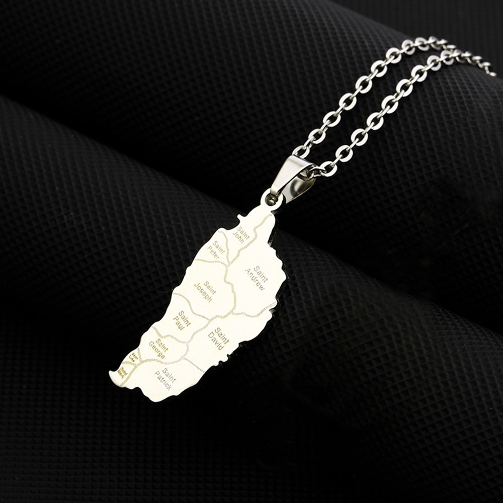 Collar con Colgante Geométrico Étnico de Acero Inoxidable con Diseño del Mapa de la República Dominicana, Dije de Acero de Titanio, Acabado Galvanizado, Cadena tipo O, Unisex